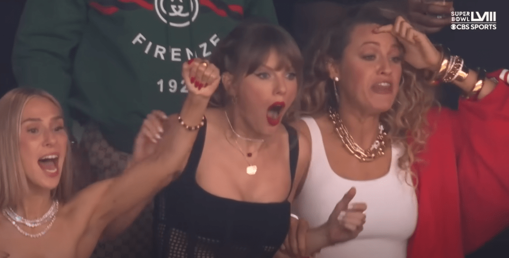 Taylor Swift and her excited friends at the 2024 Super Bowl, no Kanye West in sight.
