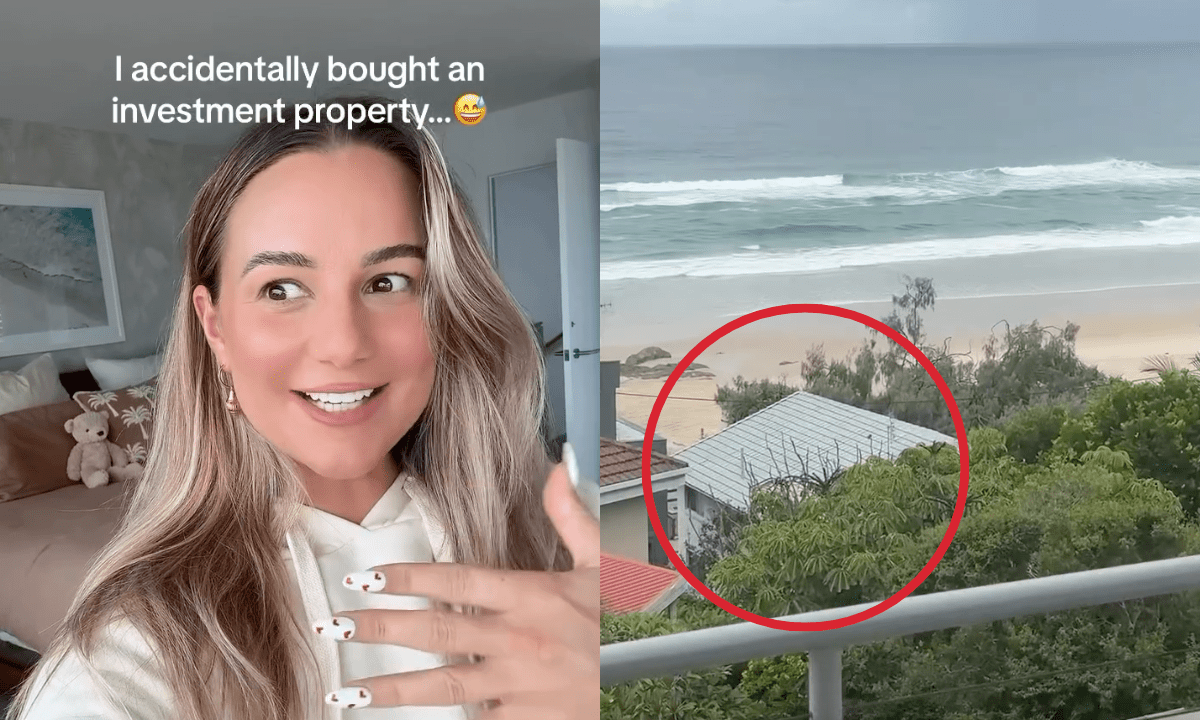 L: Aussie influencer Karina Irby selfie with text reading 'I accidentally bought a rental property'. R: Property by the beach with a red circle around it