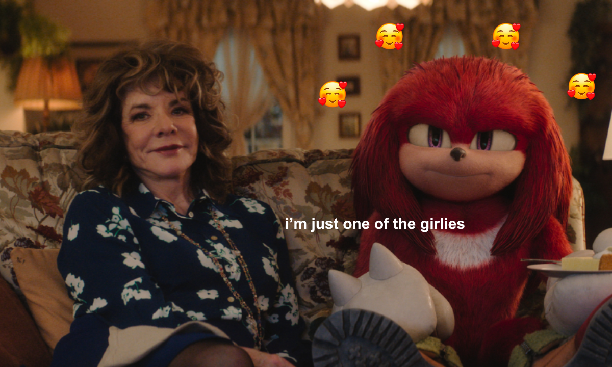 Knuckles from Sonic The Hedgehog with text reading i'm just one of the girlies and heart face emojis