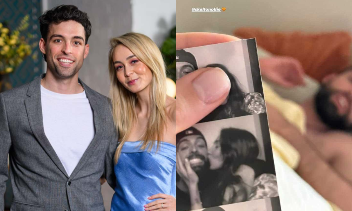 L: Tahnee and Ollie on Married At First Sight. R: Hand holding a photobooth strip with Ollie Skelton lying in the background