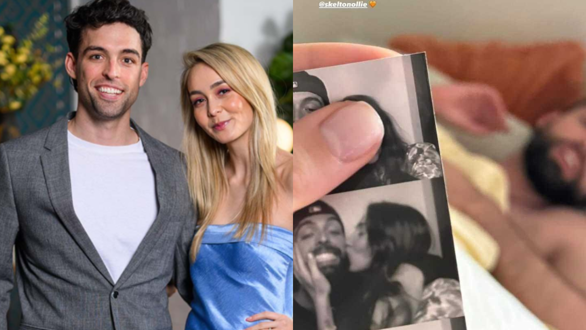 L: Tahnee and Ollie on Married At First Sight. R: Hand holding a photobooth strip with Ollie Skelton lying in the background