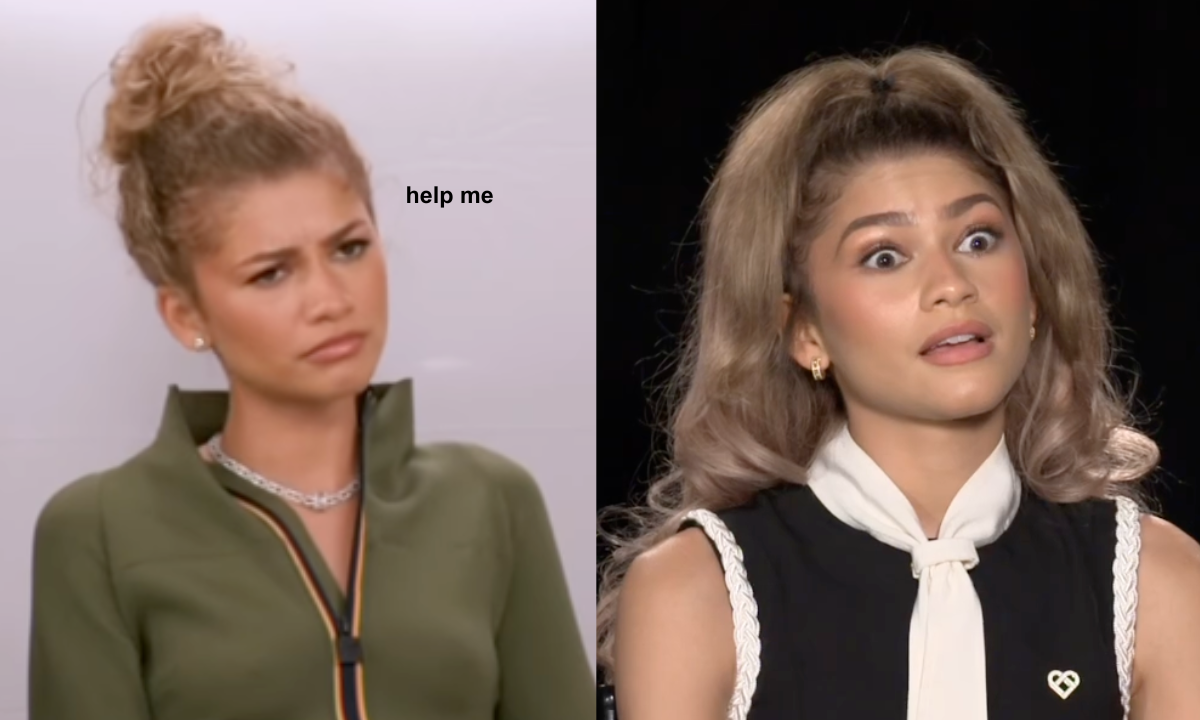 Two images of Zendaya looking shocked during a Challengers press tour