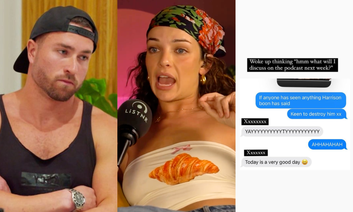 L: Harrison Boon on MAFS. M: Abbie Chatfield speaking on her It's A Lot podcast. R: Screenshot of text messages sent by Abbie Chatfield