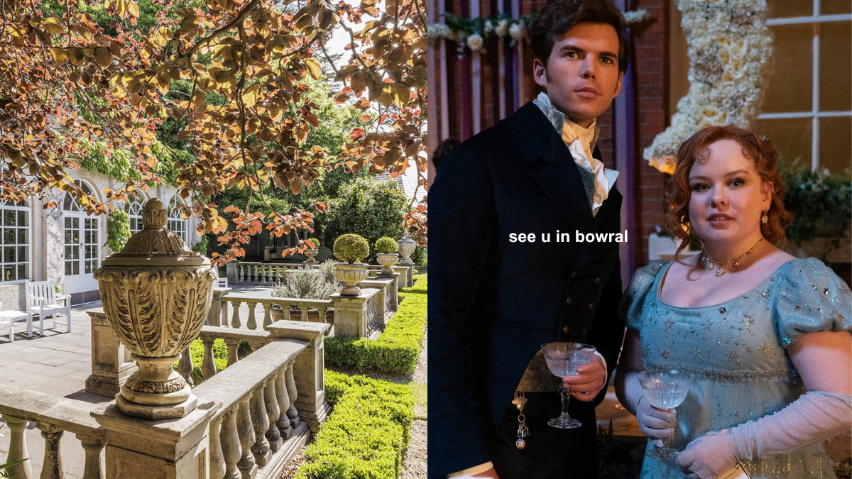 L: Milton Park garden in Bowral, NSW, with autumn leaves. R: Colin Bridgerton (Luke Newton) and Penelope Featherington (Nichola Coughlan) dressed in costume in a still from Bridgerton