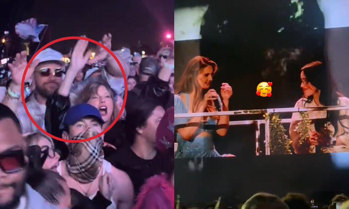 L: Taylor Swift and Travis Kelce dancing at Coachella 2024. R: Lana Del Rey and Billie Eilish perform at Coachella.
