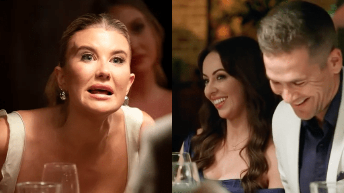 L: Lauren Dunn on MAFS looking upset. R: Ellie Dix and Jonathan McCullough looking happy.