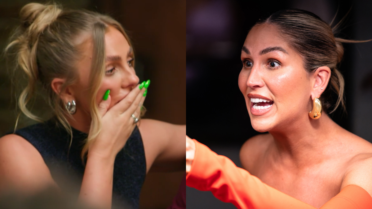 L: Eden Harper on MAFS covering her mouth. R: Sara Mesa on MAFS wearing an orange dress pointing while yelling.
