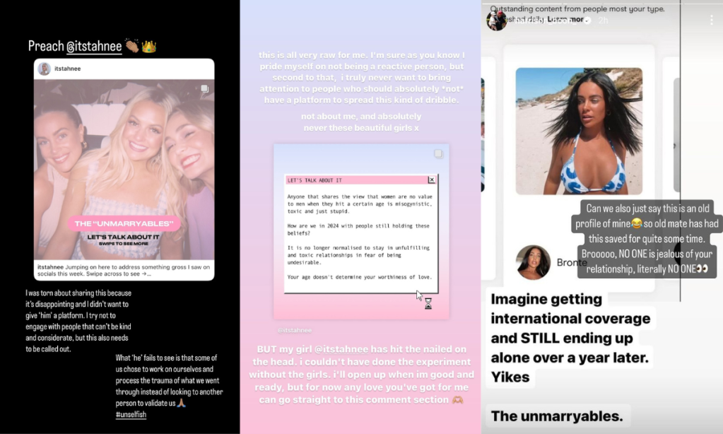 Three screenshots of Instagram stories from MAFS contestants Sandy Jawanda, Lyndall Grace and Bronte Schofield