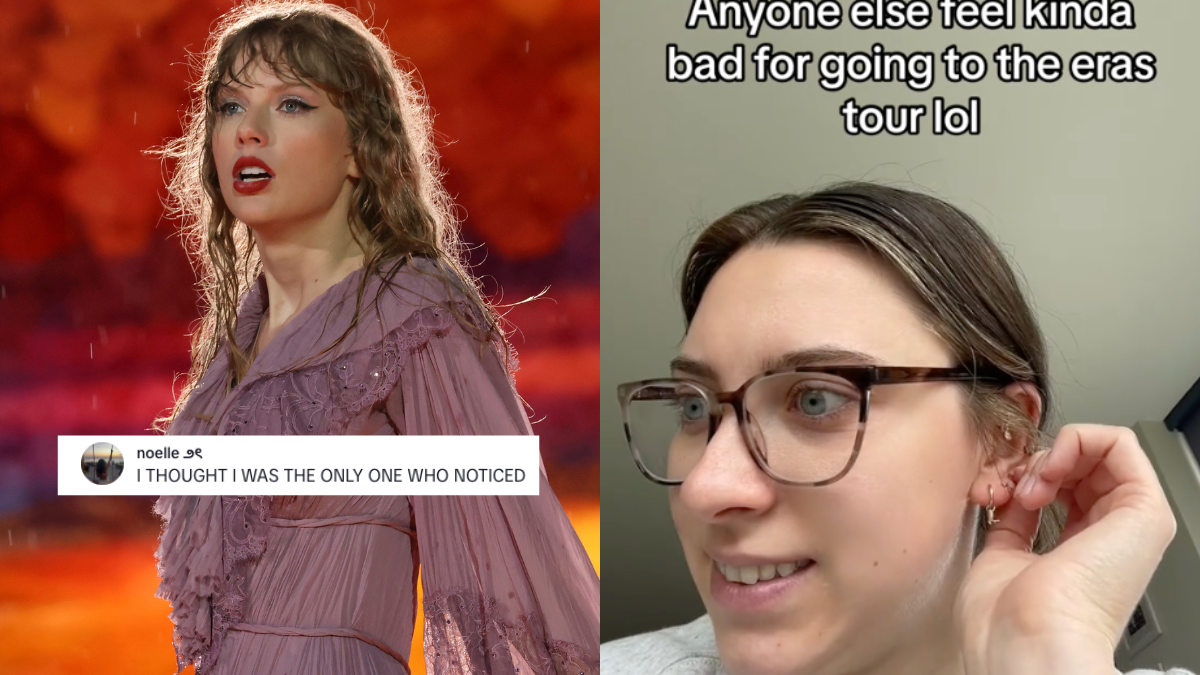 L: Taylor Swift performing at the eras tour with a comment on top saying 'I thought I was the only one who noticed'. R: Screenshot of a TikToker looking awkward with text reading 'anyone else feel kinda bad for going to the eras tour lol'