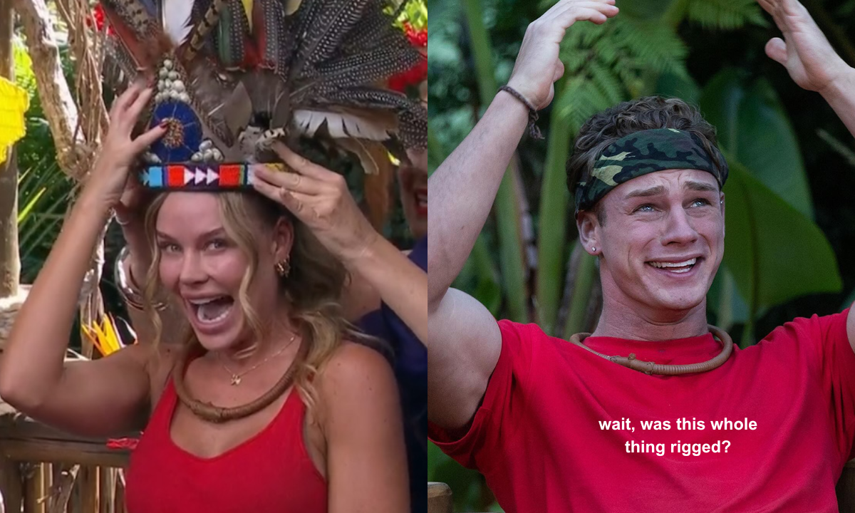 Skye Wheatley and Callum Hole on I'm A Celeb Australia with text reading: wait, was this whole thing rigged