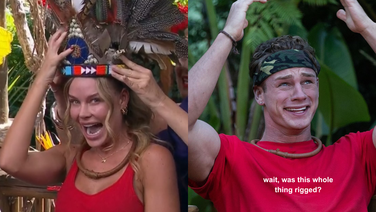 Skye Wheatley and Callum Hole on I'm A Celeb Australia with text reading: wait, was this whole thing rigged