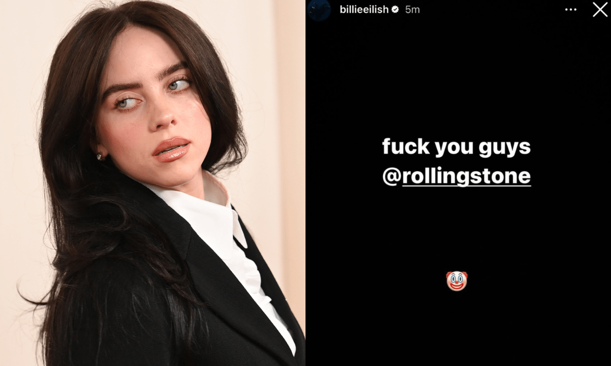 L: Billie EIlish on a red carpet. R: Screenshot of Billie Eilish's Instagram Story saying 'fuck you @rollingstone'