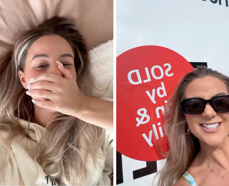 L: Aussie influencer Karina Irby with hand on her mouth. R: Karina Irby with a sold sign outside a property