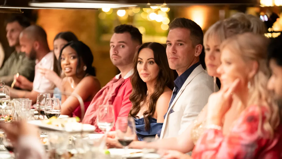 MAFS cast at the Reunion Dinner Party 2024 with Ellie and Jonathan in focus