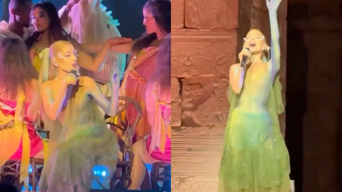 Two photos of Ariana Grande's performance at the Met Gala 2024