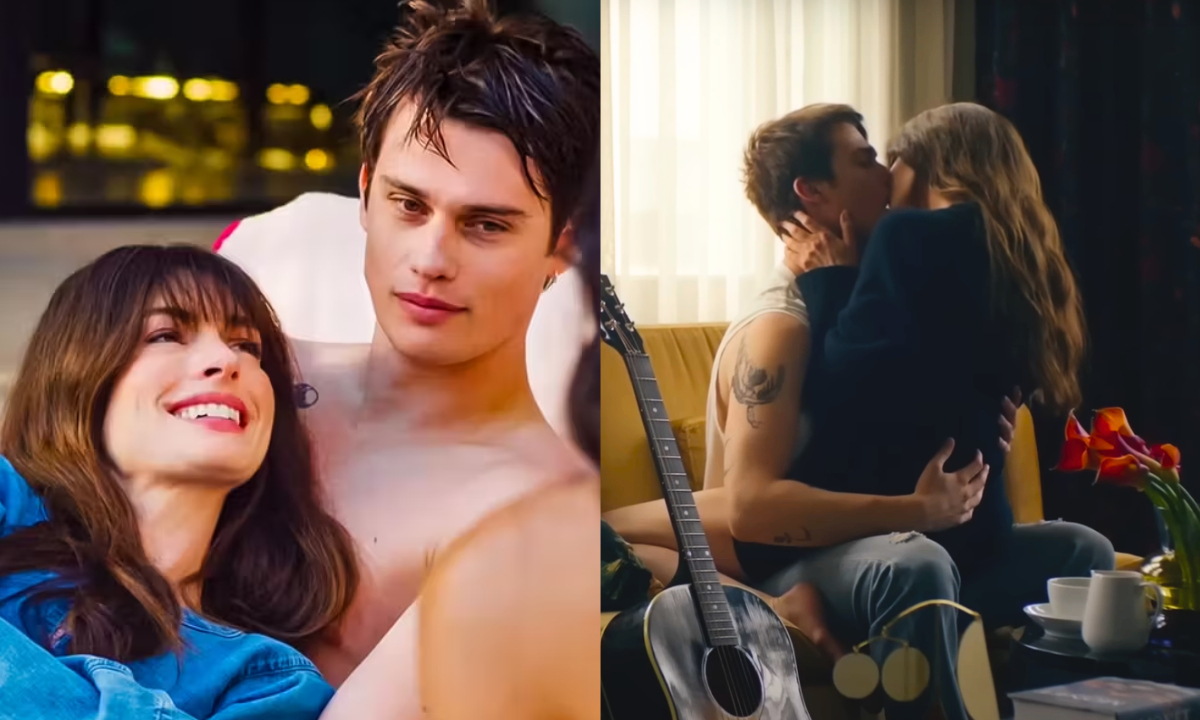 L: Anne Hathaway and Nicholas Galitzine as Solene and Hayes Campbell in The Idea Of You. R: Nicholas Galitzine and Anne Hathaway kissing