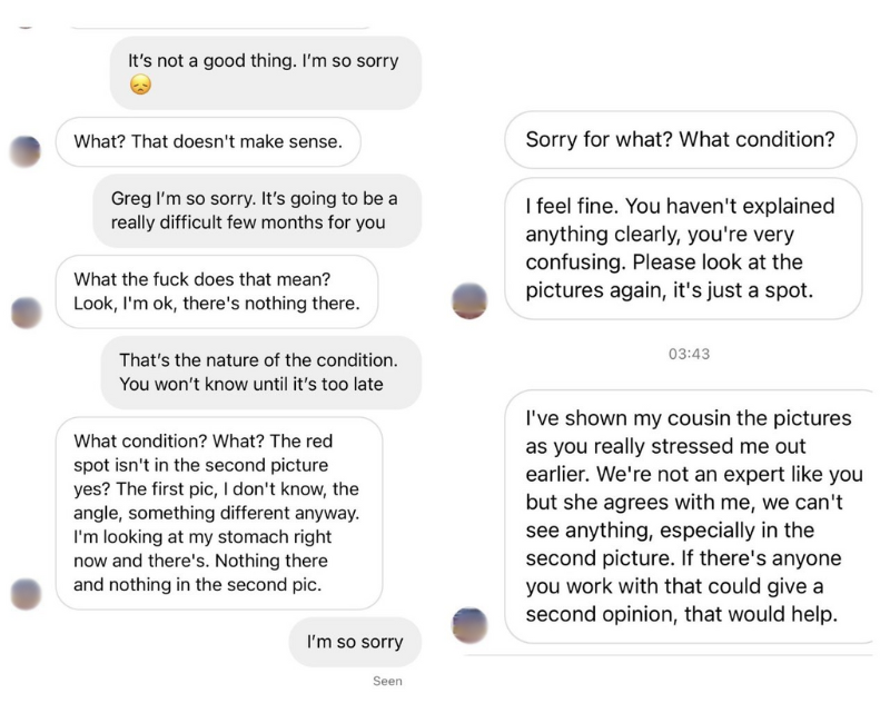 Screenshots of messages about dick pics