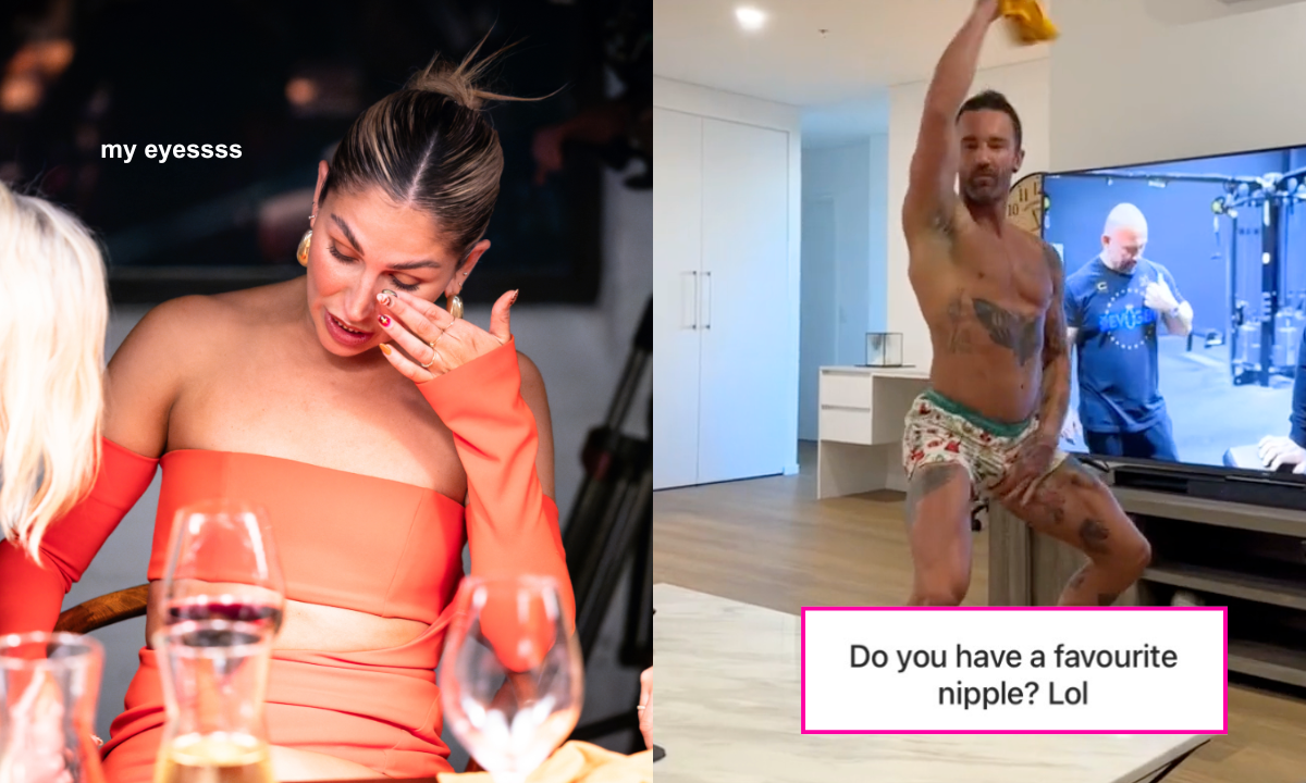 L: Sara Mesa on MAFS at a dinner party with text reading 'my eyesss'. R: Jack Dunkley twerking in his underwear and showing his nipples, text reading: 'do you have a favourite nipple? lol'