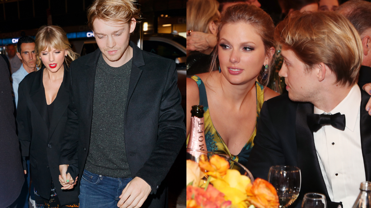 L: Taylor Swift and Joe Alwyn walking on the street. R: Taylor Swift and Joe Alwyn at the Golden Globes