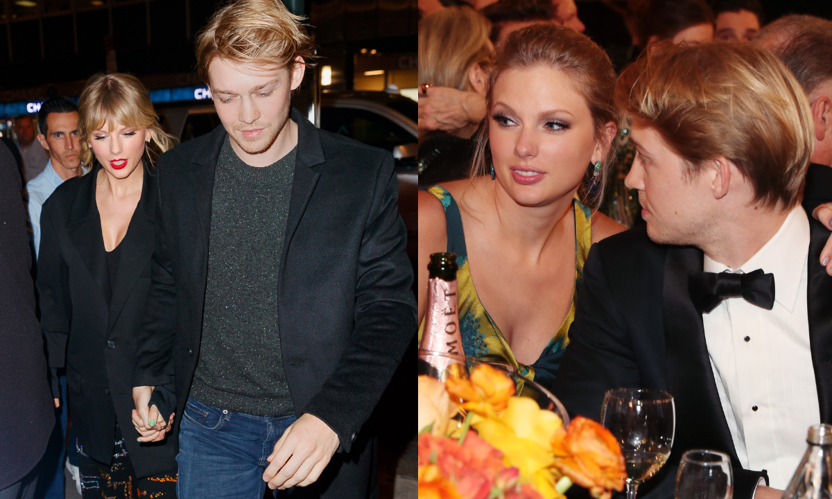 L: Taylor Swift and Joe Alwyn walking on the street. R: Taylor Swift and Joe Alwyn at the Golden Globes