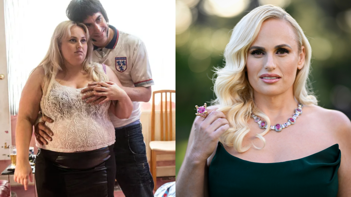 L: Rebel Wilson and Sacha Baron Cohen in The Brothers Grimsby. R: Rebel Wilson in a strapless black dress
