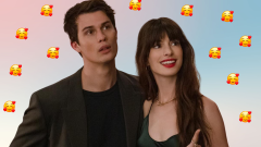 Nicholas Galitzine and Anne Hathaway in The Idea Of You with heart face emojis around them