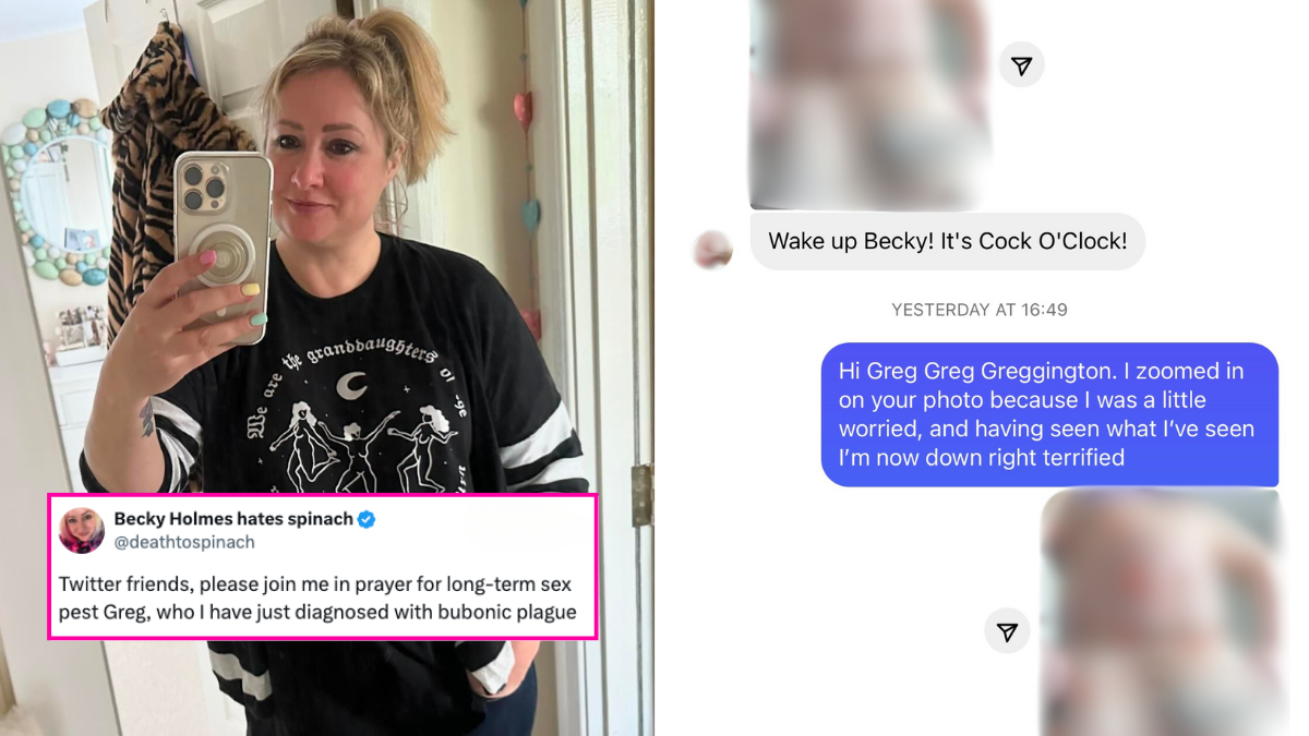 L: Becky Holmes taking a mirror sefie. R: Screenshots of messages showing dick pics blurred out