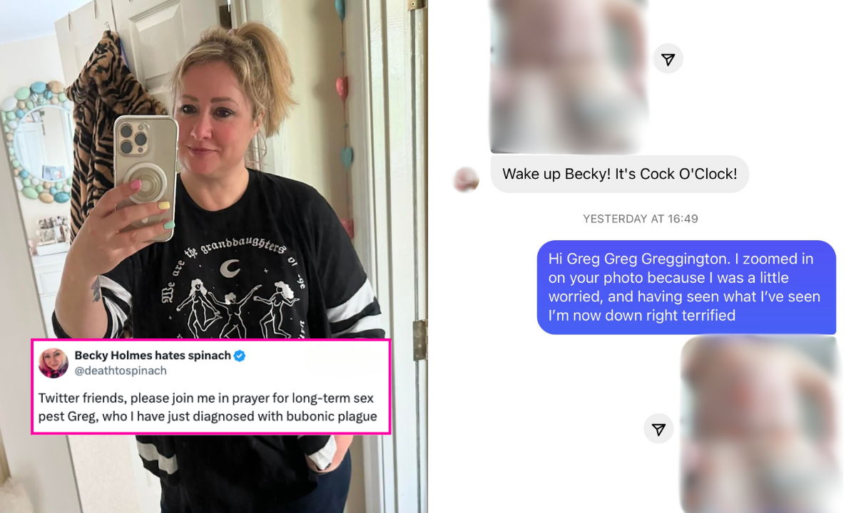 L: Becky Holmes taking a mirror sefie. R: Screenshots of messages showing dick pics blurred out