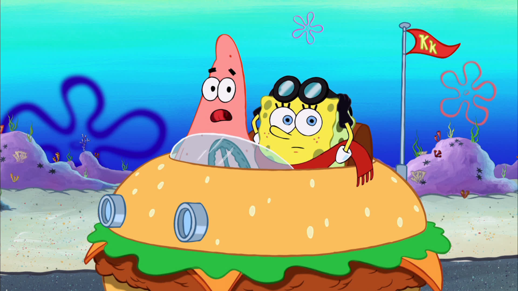 Patrick Star and SpongeBob SquarePants sitting in a burger shaped car. 
