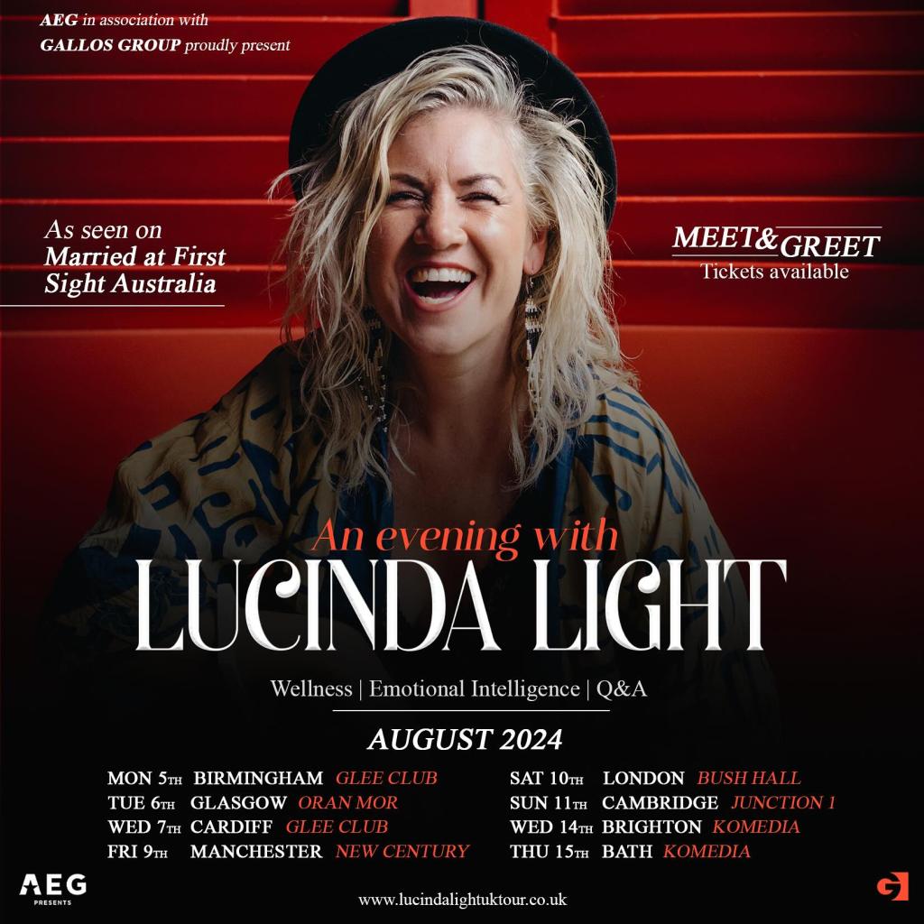 Married At First Sight's Lucinda Light in a poster for 'An evening with Lucinda Light' and UK tour dates on top